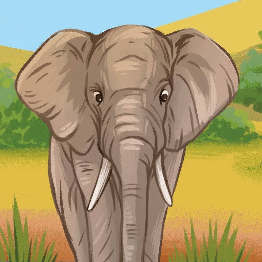 Cartoon elephant standing in water with a colorful landscape in the background
