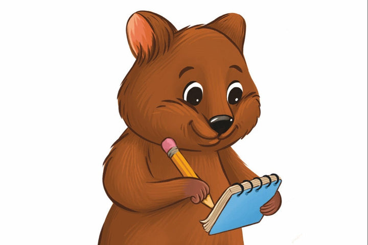 Cartoon beaver holding a pencil and notebook on a white background